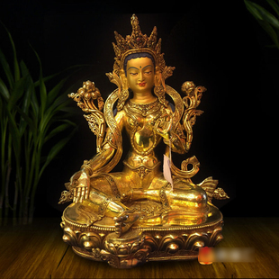 家用家居摆件尼泊尔铜全鎏金雕花12寸西藏绿度母铜像摆件