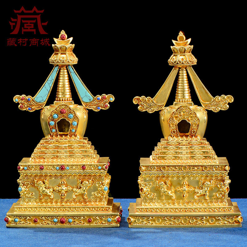 精工全鎏金菩提塔彩珠镶嵌佛塔室内家用舍利塔铜宝塔桌面摆件