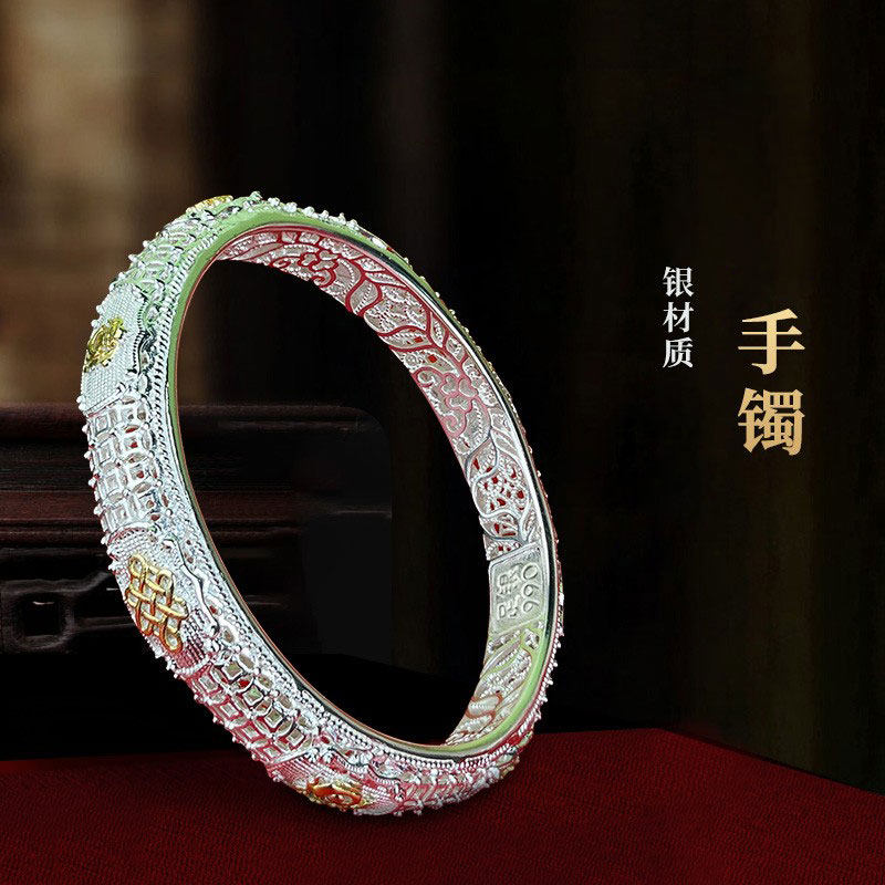 银手镯s99足银18k花丝镶金工艺现代男女款复古八吉祥银手镯