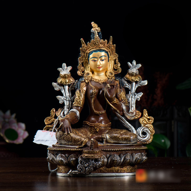 居家桌面铜像尼泊尔手工雕花 7寸青铜鎏金鎏银 绿度母铜像