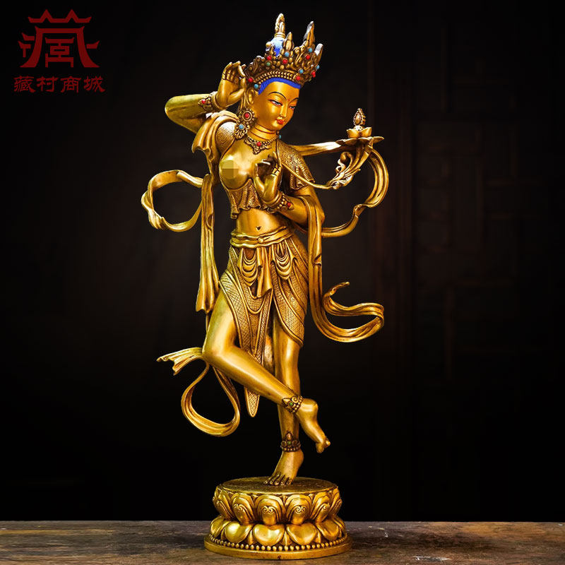 全鎏金《绿度母》精工铜雕花室内家用《绿多罗》桌面铜像摆件
