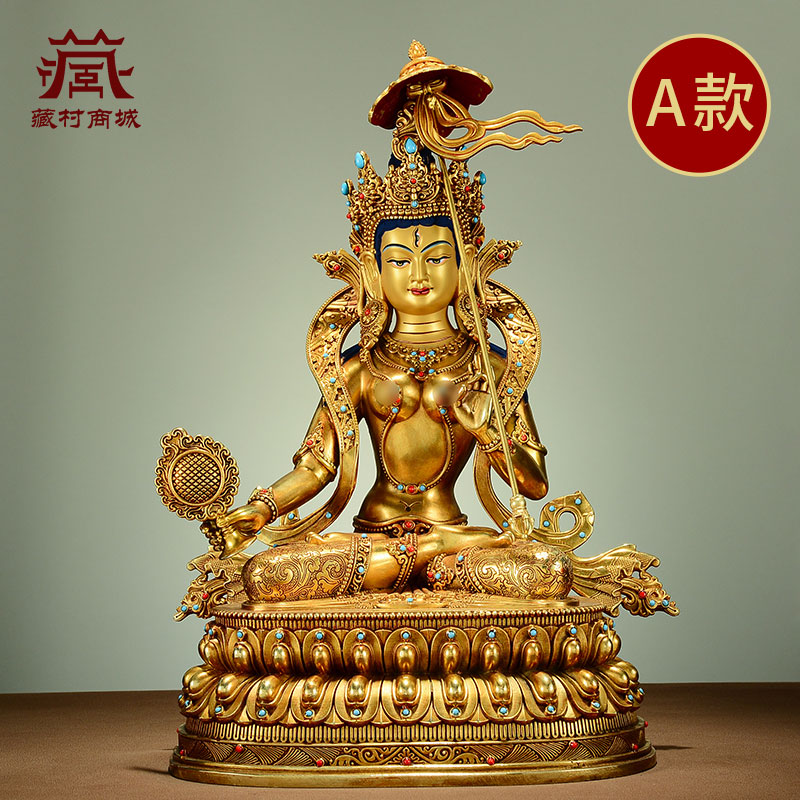 藏村全鎏金《大白伞盖佛母》宝石镶嵌精工铜雕家用桌面铜佛像摆件