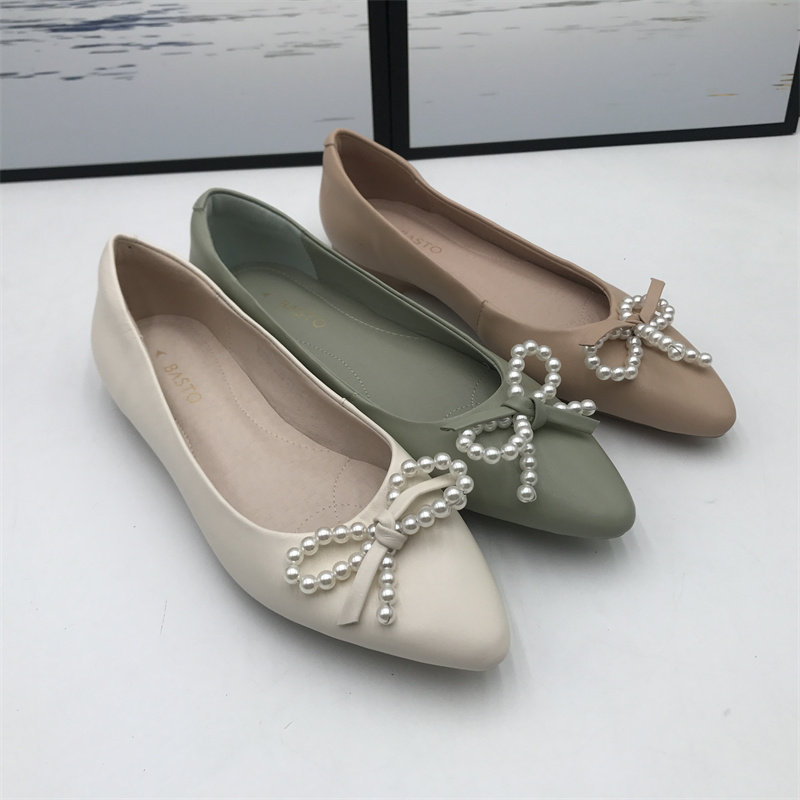 实物拍摄2021秋季新款羊皮尖头浅口蝴蝶结平底休闲舒适女单鞋