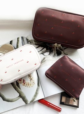 petit trouver 甜美小樱桃印花双层化妆包 补妆手拿包 杂物收纳包