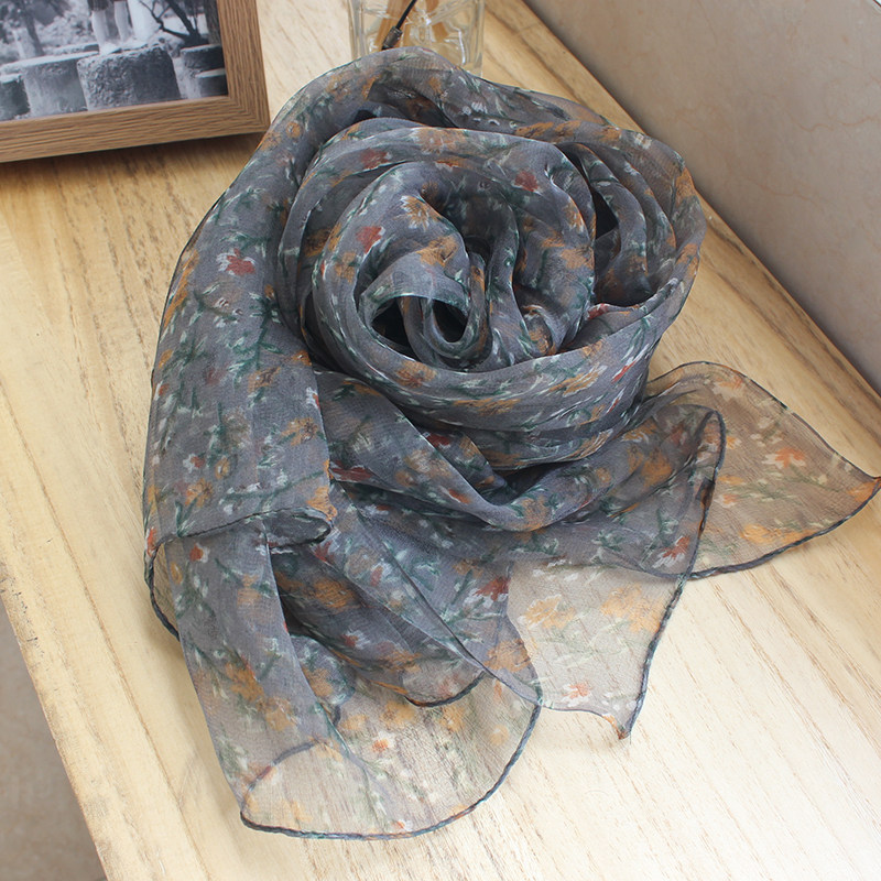 春秋季围巾丝巾真丝桑蚕丝围巾百搭春秋冬季长款韩版女士花色纱巾