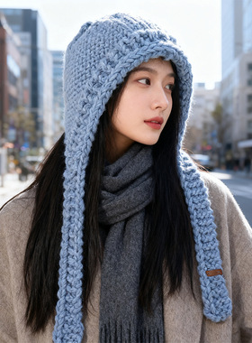 秋冬新款蓝色巴拉克拉法帽女保暖针织套头户外防风防寒雷锋帽子男