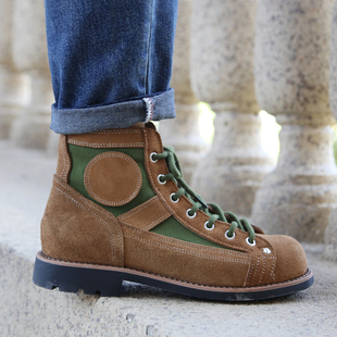 玩家部落 固特异手工牛皮膛底65式91跳伞靴男 短脸圆头工装大黄靴