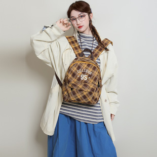 2025超火帆布背包韩系慵懒风格子书包ins复古格纹双肩包一包三用C