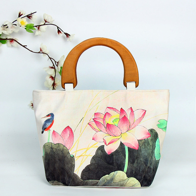 2026新款磨绒麻印花荷花花卉手提包 手工古风汉服包仙女木提手包Z,箱包皮具/热销女包/男包,单肩包,淘宝优惠券,粉丝福利购,淘宝优惠卷