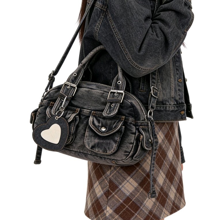 牛仔布包包女 秋冬百搭2025新休闲褶皱斜挎包手提波士顿保龄球包N,箱包皮具/热销女包/男包,单肩包,淘宝优惠券,粉丝福利购,淘宝优惠卷