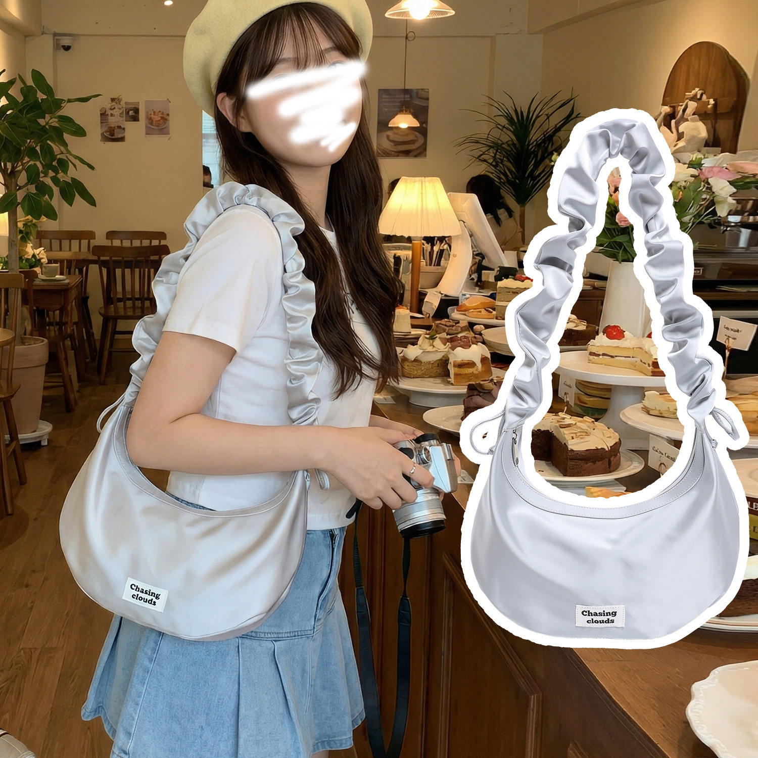 2026新款煅稠褶皱云朵包早春多巴胺银色包 大容量斜挎包饺子包女C