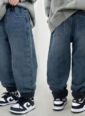 小智同学羊驼绒牛仔裤2024冬款儿童加厚一体绒长裤男童潮裤子9172