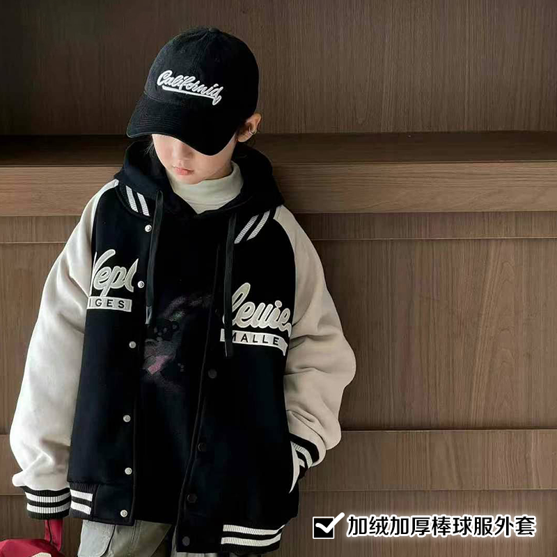 拼色加绒外套大E小e棒球服冬季