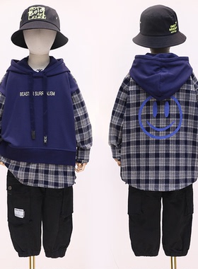 童乐鱼儿童洋气卫衣秋季新品男女童格子拼接连帽衫潮861001