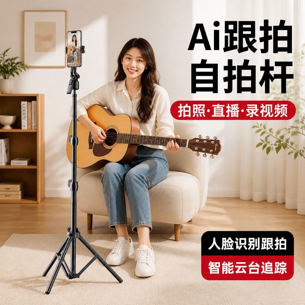 AI人脸识别跟拍自拍杆三脚架智能云台落地支架户外直播拍照防抖