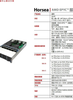 Horsea 2U AMD EPYC服务器准系统7002/7003双路12盘U.2