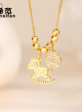 s925纯银马上有钱项链女CNC工艺爆闪碎冰冰摇摇小木马锁骨链马年