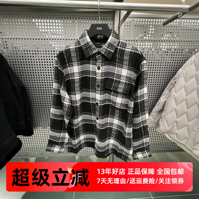GXG男装黑白格休闲微宽松长袖翻领衬衫小外套秋冬新品GEX10327574