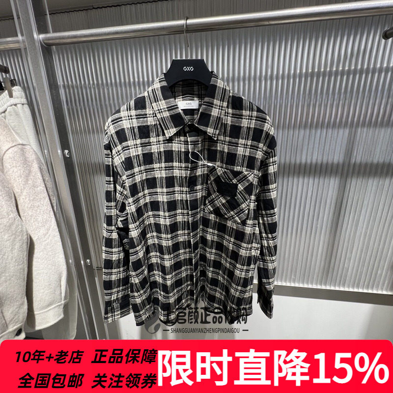 GXG男装25秋季新款格子全棉褶皱休闲长袖衬衫小外套特 G25A034029