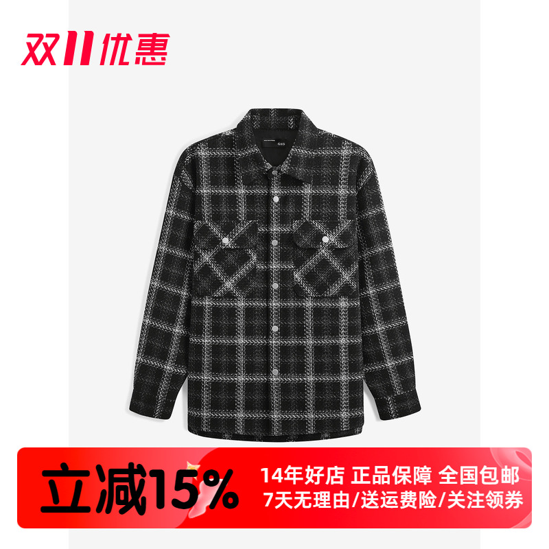 GXG男装黑格小香风宽松长袖衬衫时尚通勤百搭衬衫外套 G24X033043