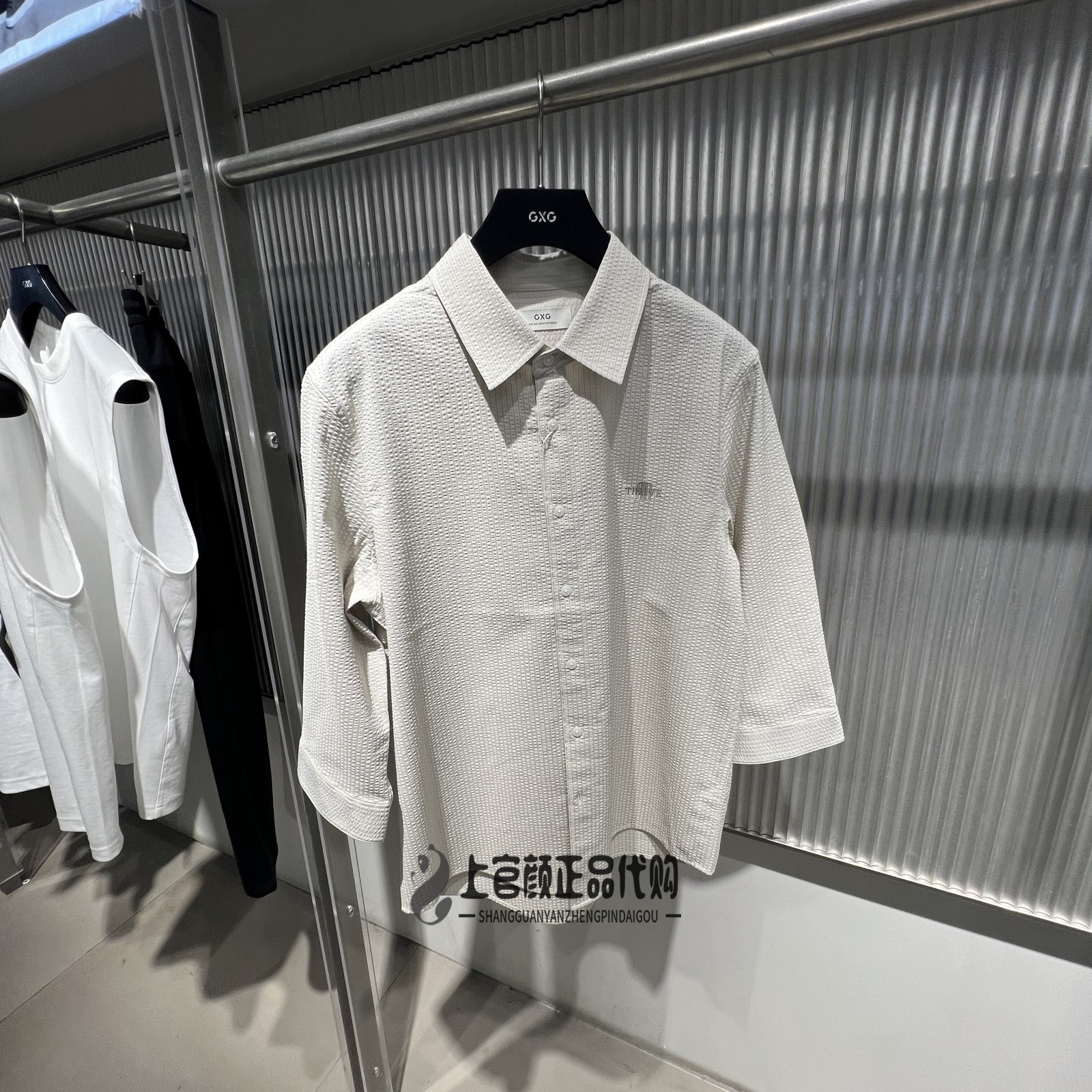 GXG男装泡泡纱浅卡其合体翻领七分袖衬衫2026夏季新品 G26A032017