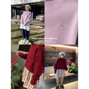 猴子家原创设计圆领宽松100%棉加绒箱型小短款蝙蝠袖百搭圆领卫衣