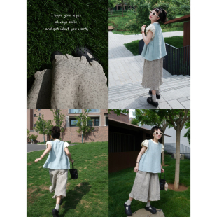 猴子家自制涂鸦小花花雨露麻宽松显瘦休闲裤百搭荷叶边宽腿八分裤