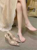 裸色女鞋 2025年新款 法式 细跟尖头一字绝美包头凉鞋 夏季 气质高跟鞋