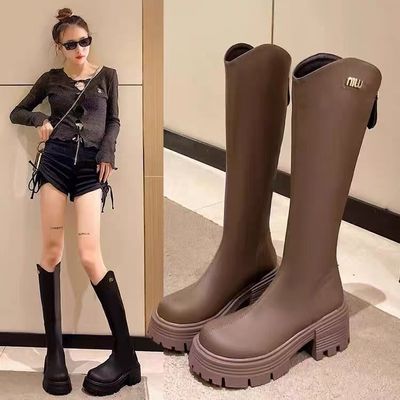 长筒靴女高筒骑士靴厚底v口粗跟