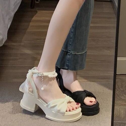 法式珍珠蝴蝶结厚底高跟凉鞋女
