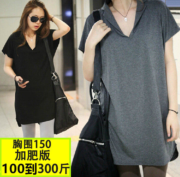 特加肥加大码肥婆中长版短袖t恤女250斤300超大号胖mm宽松上衣200