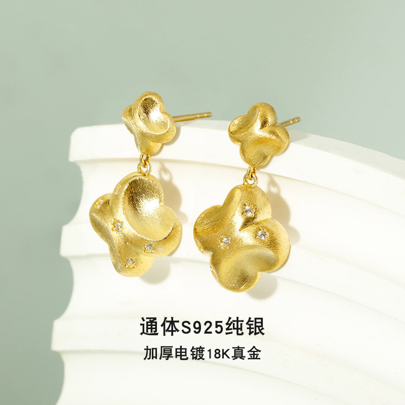 新款国潮耳环S925纯银四叶草女耳钉时尚荷叶耳坠镶嵌锆石饰品批发