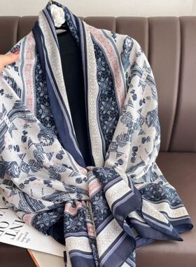 丝巾冬季薄款外搭披肩几何春秋围脖雪花图案女丝巾长款仿棉麻围巾