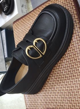 女新款双皮带扣小皮鞋真皮软底轻便一脚蹬乐福鞋68826黑色