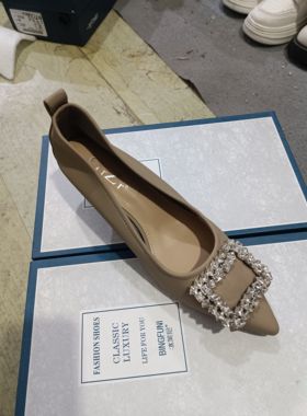 2025新款晚晚风水钻扣尖头单鞋女法式气质时尚百搭23D67-2灰色