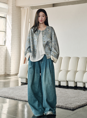 尚孚真丝羊毛精纺国风提花牛仔蓝色圆领宽松气质百搭新中式外套女