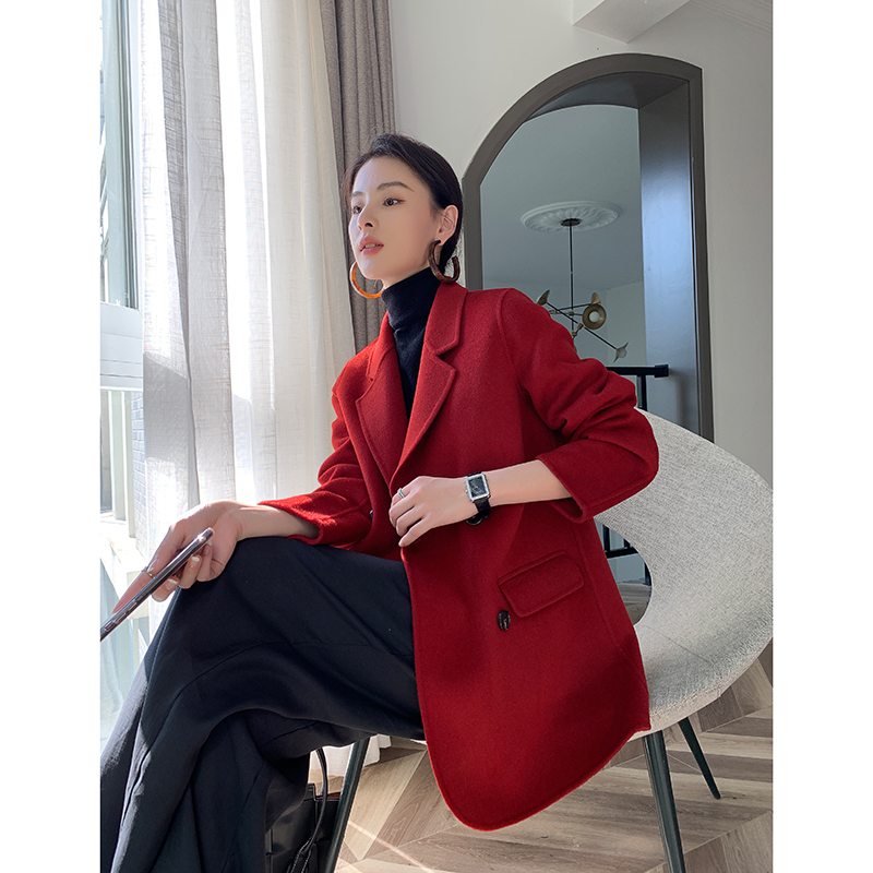 红色双面羊绒大衣短款毛呢外套