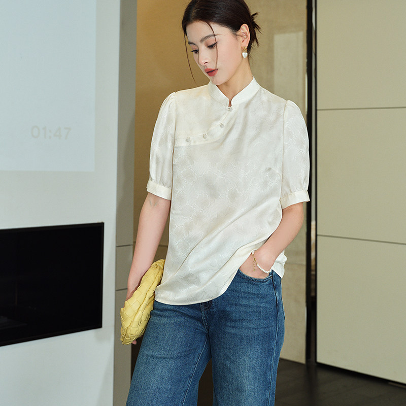 尚孚 白色新中式女装国风桑蚕丝提花短袖上衣女2025夏真丝衬衫
