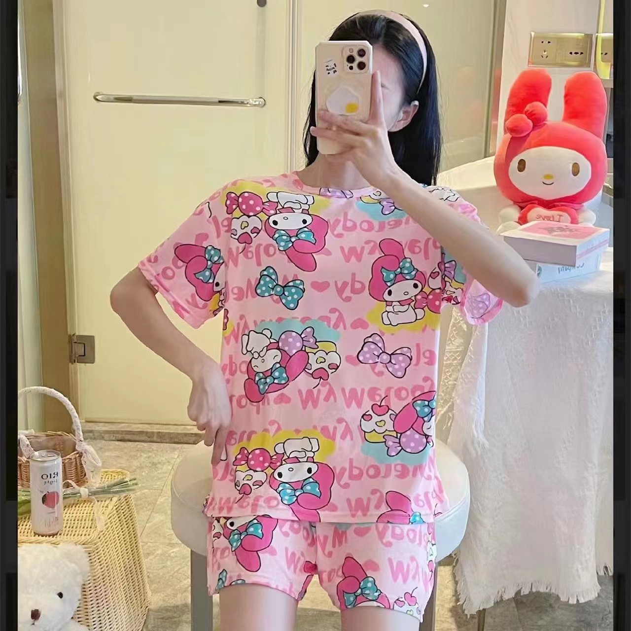涤纶面料短袖短裤睡衣套家居服