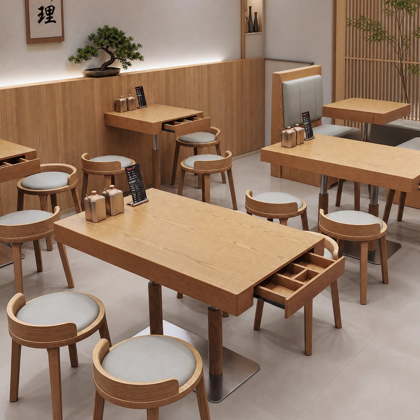 主题餐厅带抽屉餐桌小吃店日料店面馆快餐店餐饮店餐桌椅组合商用图片