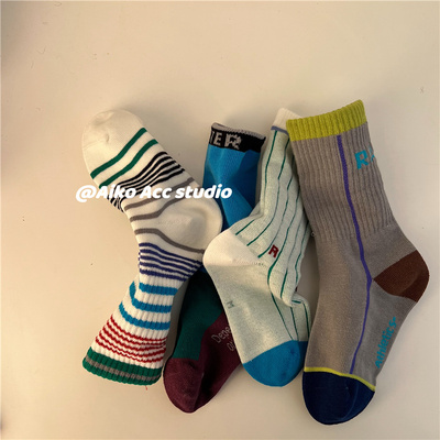 AIKO ACC韩国儿童新款春夏撞色线条棉袜中筒袜男女童袜