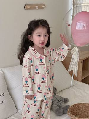 AIKO ACC韩国儿童春夏新款全棉卡通家居服套装男童女童睡衣