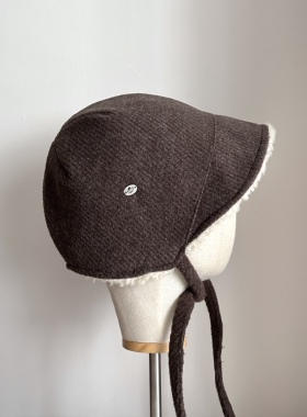 Seem冒似「朗松」文艺加绒渔夫帽秋冬保暖帽子女护耳帽羊毛呢系带