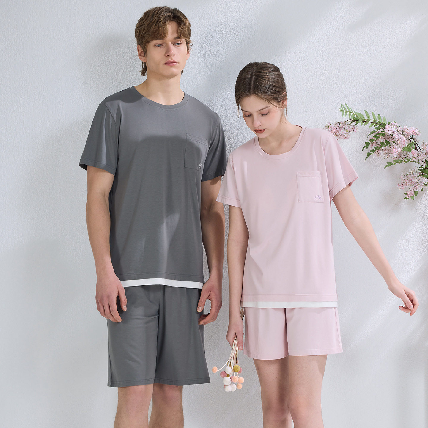 半颜品牌2026情侣针织莫代尔棉短袖短裤女士睡衣带胸垫家居服套装