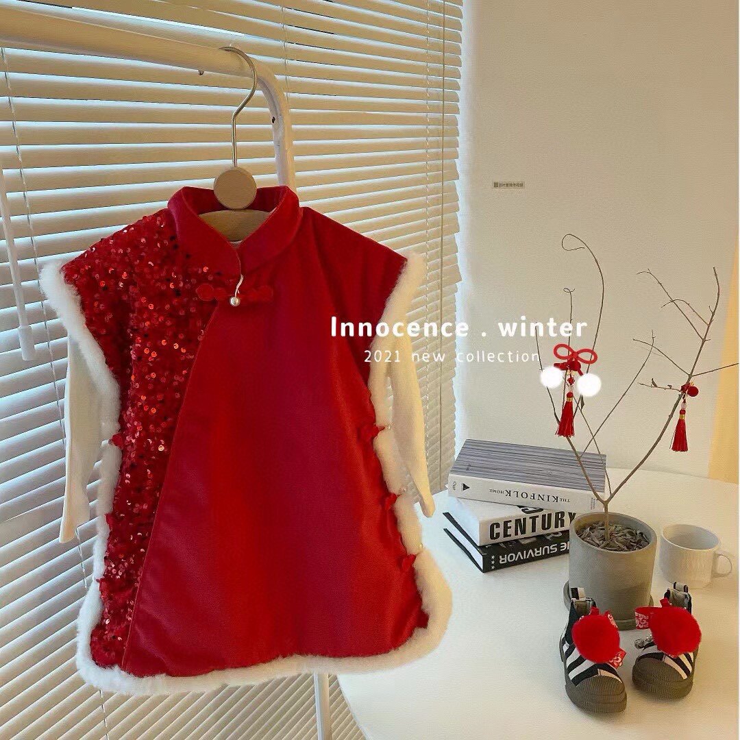 佑家童装时尚秋冬儿童背心裙女洋气女宝加棉中式新年服喜庆旗袍裙