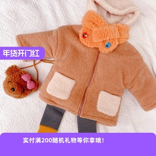 佑家童装时尚秋冬韩版超暖羊羔毛厚实保暖连帽大衣加绒两色打底裤