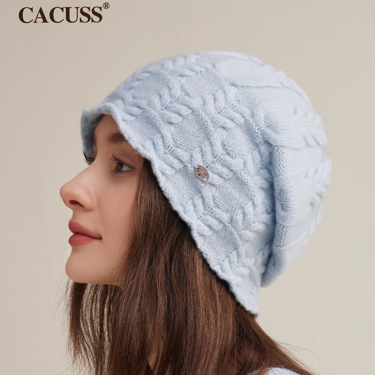 CACUSS纯羊毛帽子女秋冬保暖针织帽显脸小毛线帽大头围护耳堆堆帽