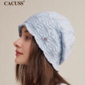 CACUSS纯羊毛帽子女秋冬保暖针织帽显脸小毛线帽大头围护耳堆堆帽