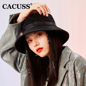 CACUSS秋冬女士渔夫帽英伦风复古印花盆帽纯色百搭保暖帽子时尚 盆