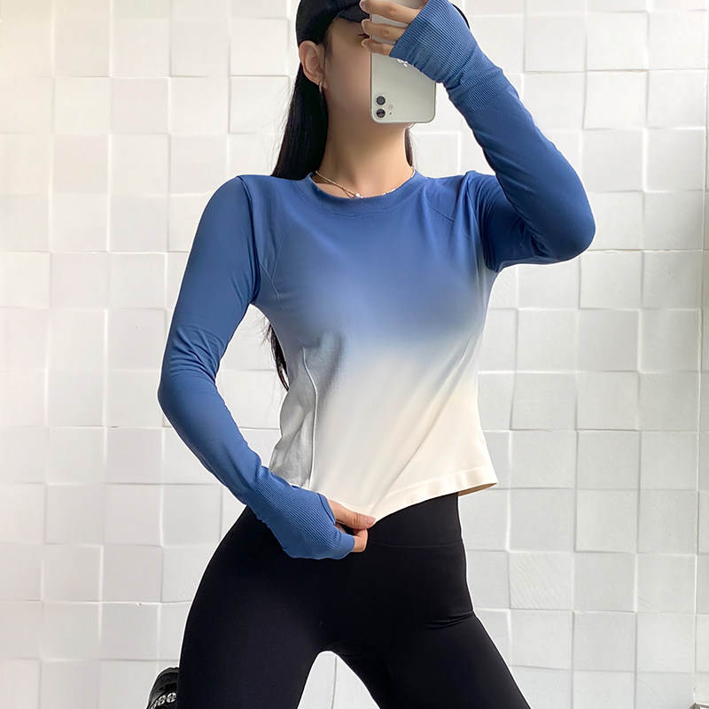 渐变色速干运动健身服新品网红瑜伽长袖t恤女修身上衣紧身打底衫